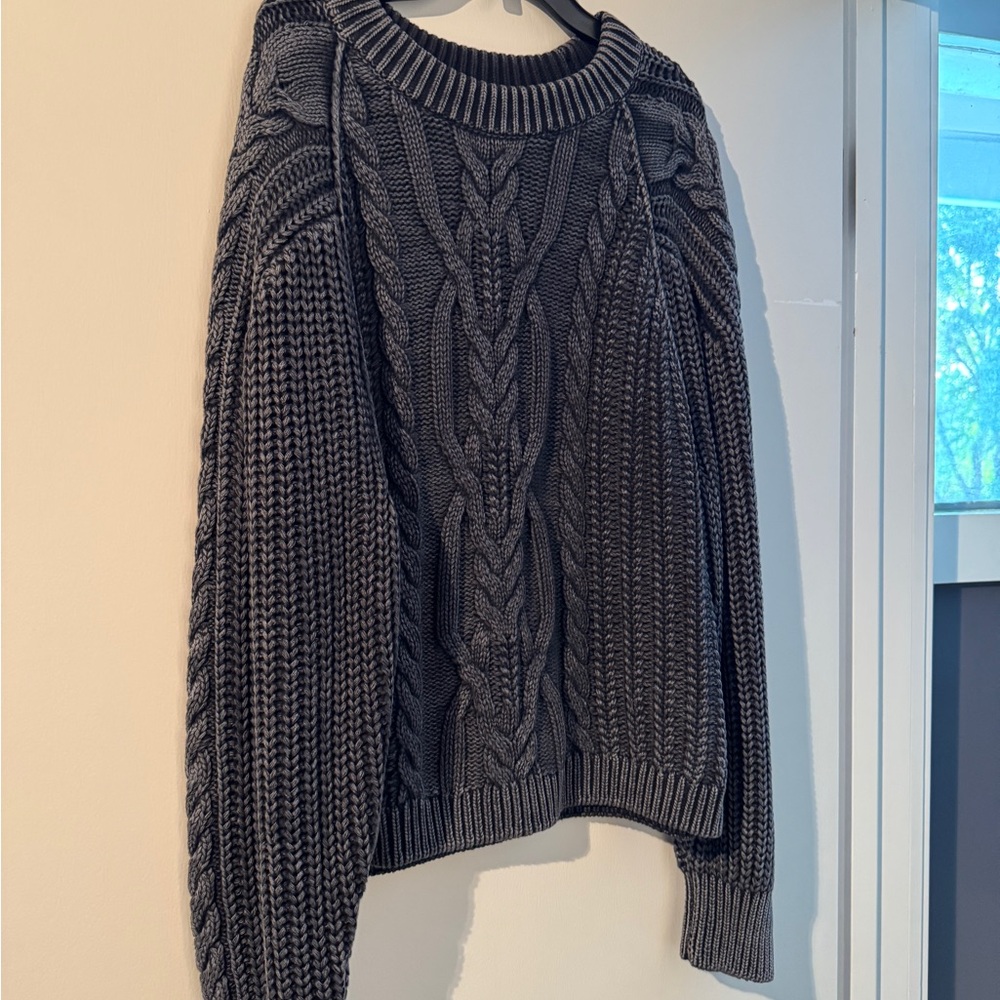 Free People Faded Black Chunky Knit Crew Neck Sweater